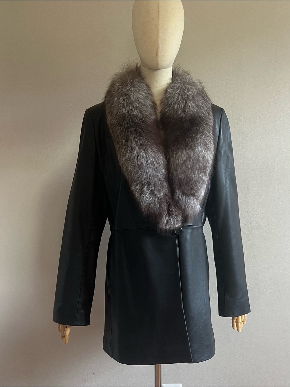 Marvin Richards Black Leather Jacket with Russian Indigo Fox Fur Collar